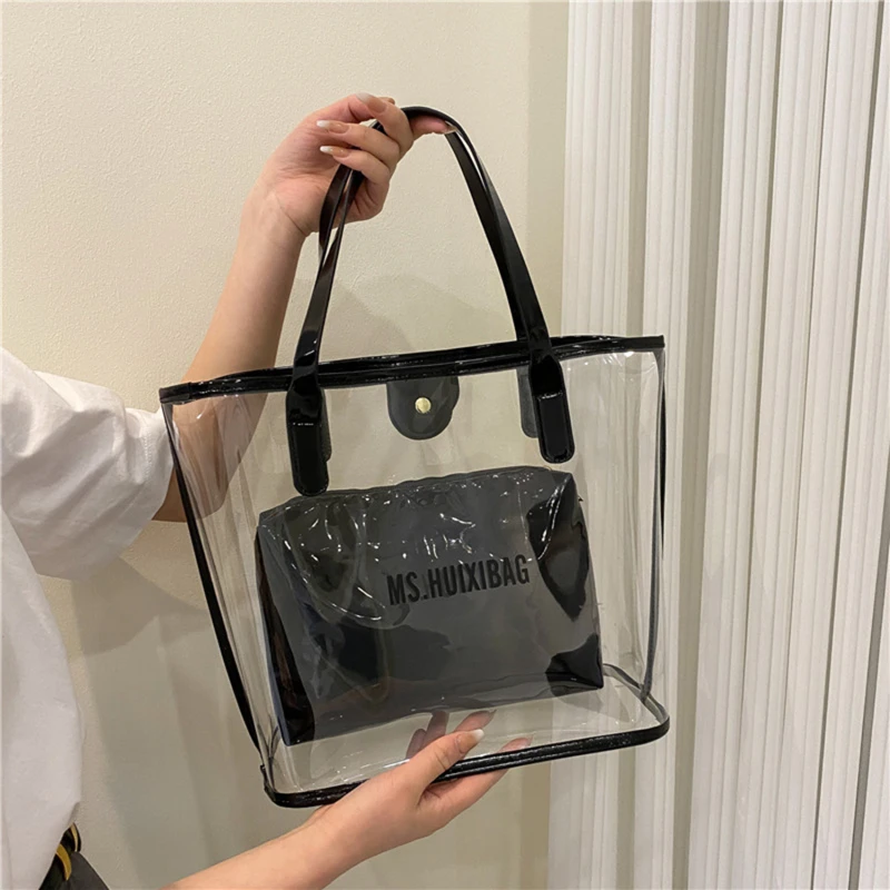 

Summer Transparent PVC Shoulder Bag 2pcs/set Large Capacity Waterproof Composite Tote Bag Seaside Beach Armpit Bag 2023 Female