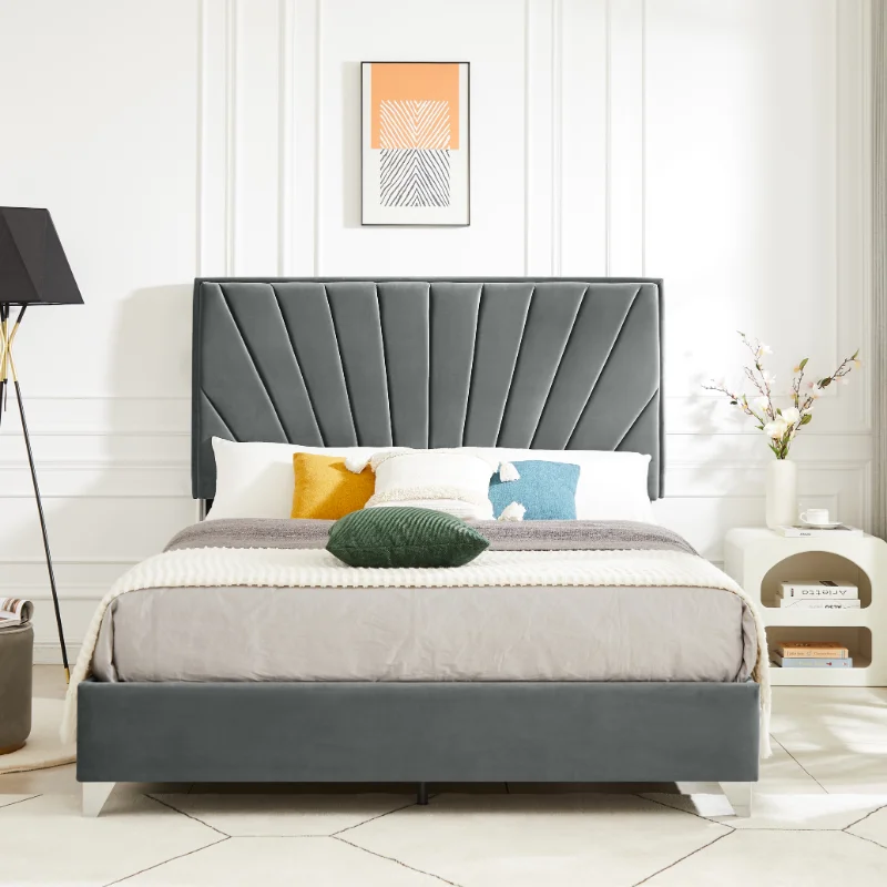 

[Flash Deal]B108 Beautiful Line Stripe Cushion Headboard Full Bed Strong Wooden Slats Metal Support Feet Platform Bed[US Stock]