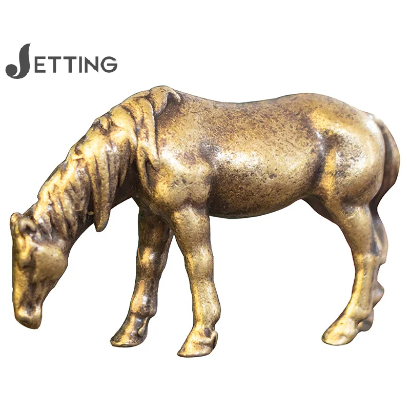 Античная латунь Твердый длинный хвост фигурки лошадей миниатюры фэн-шуй