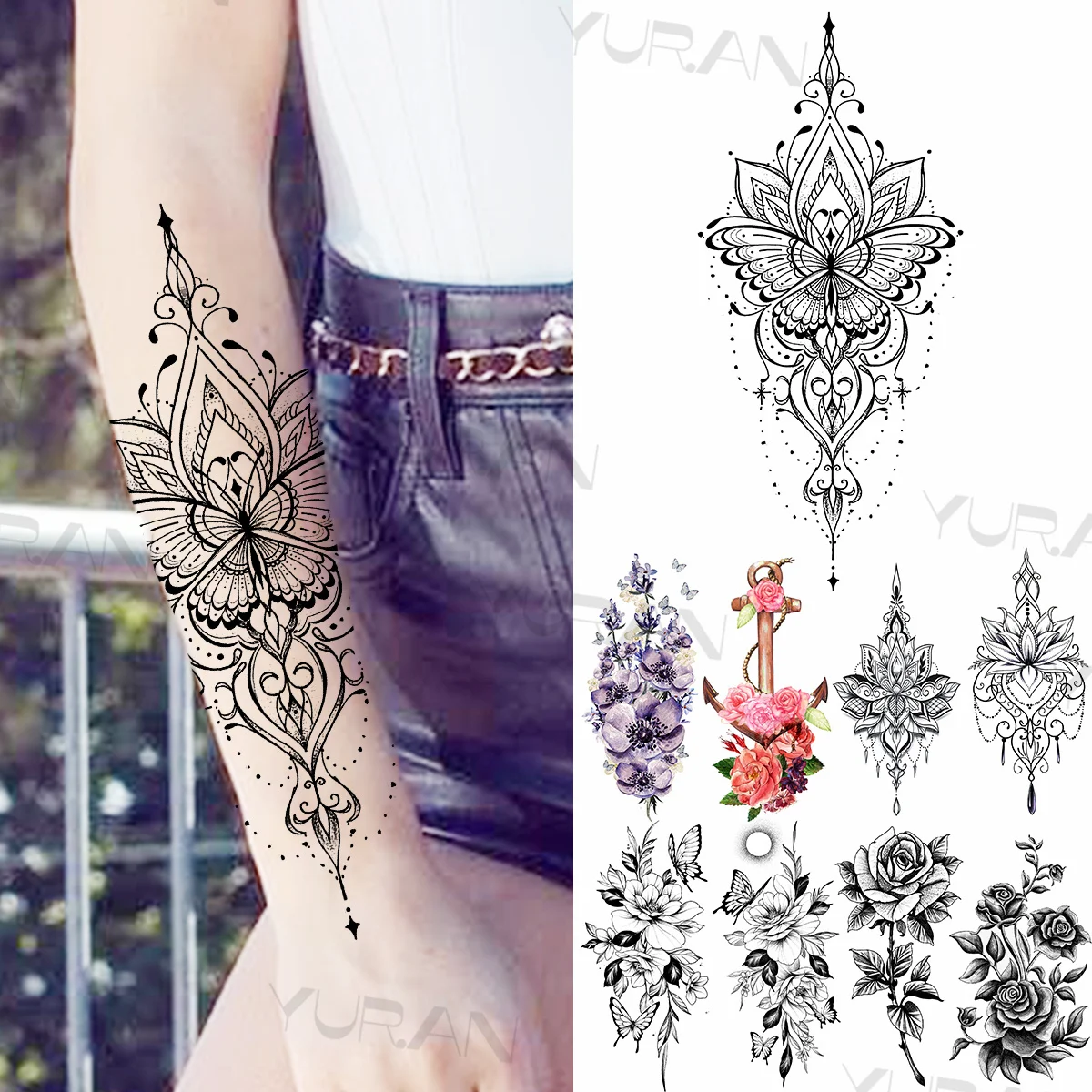 Хна подвеска временные татуировки для женщин девушек роза цветок бабочка