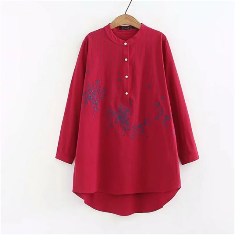 Блузка женская из хлопка и льна с длинным рукавом свободного покроя вышивкой в