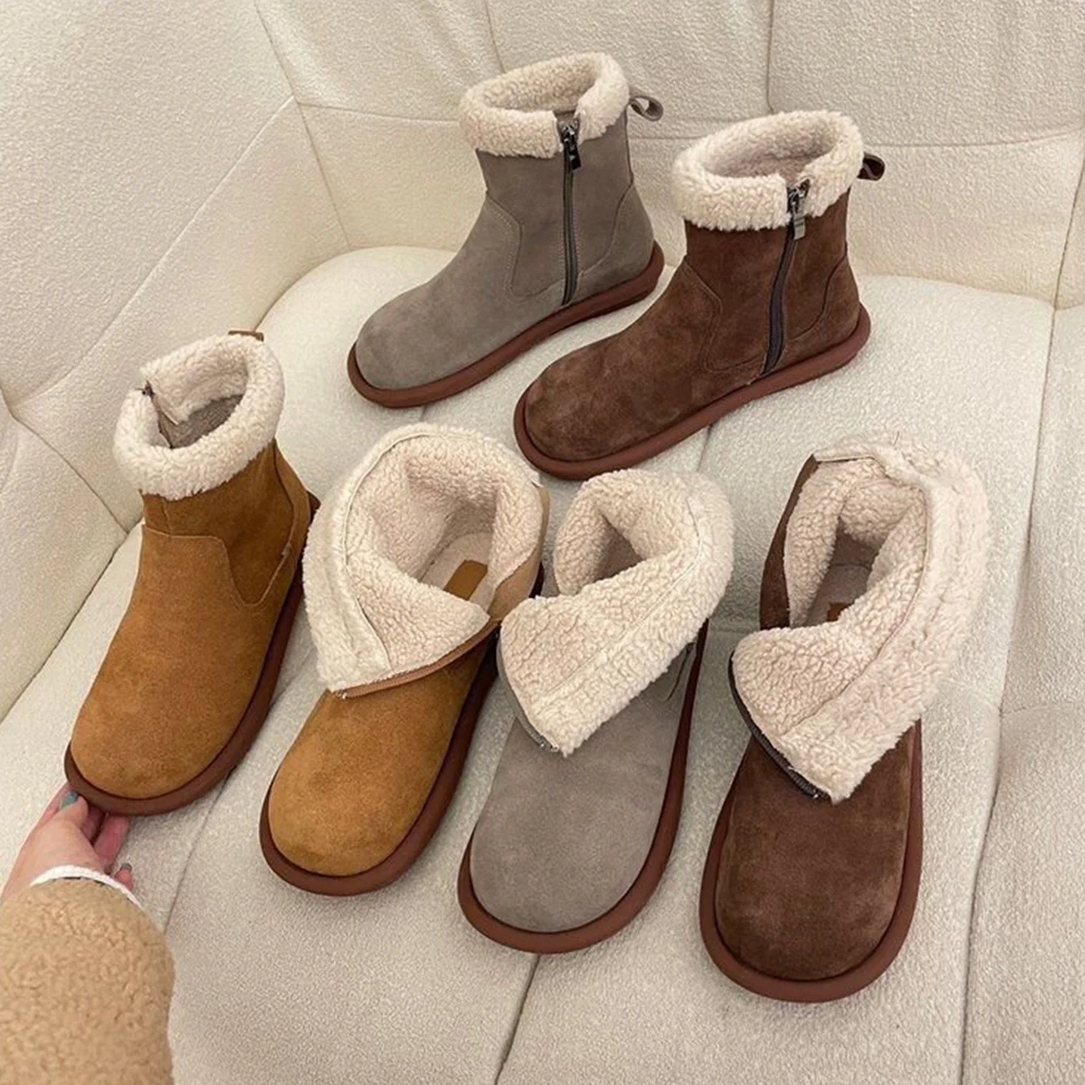 2022 Snow Boots for Women Winter Shoes Keep Warm Flat Plus  Lace Up Ladies New Flock Fur Suede  Ankle Boots British Style