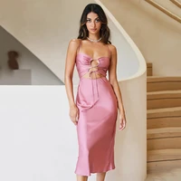 ardm sexy satin summer midi dresses for women 2022 vintage blackless hollow out lace up party spaghetti dresses vestidos