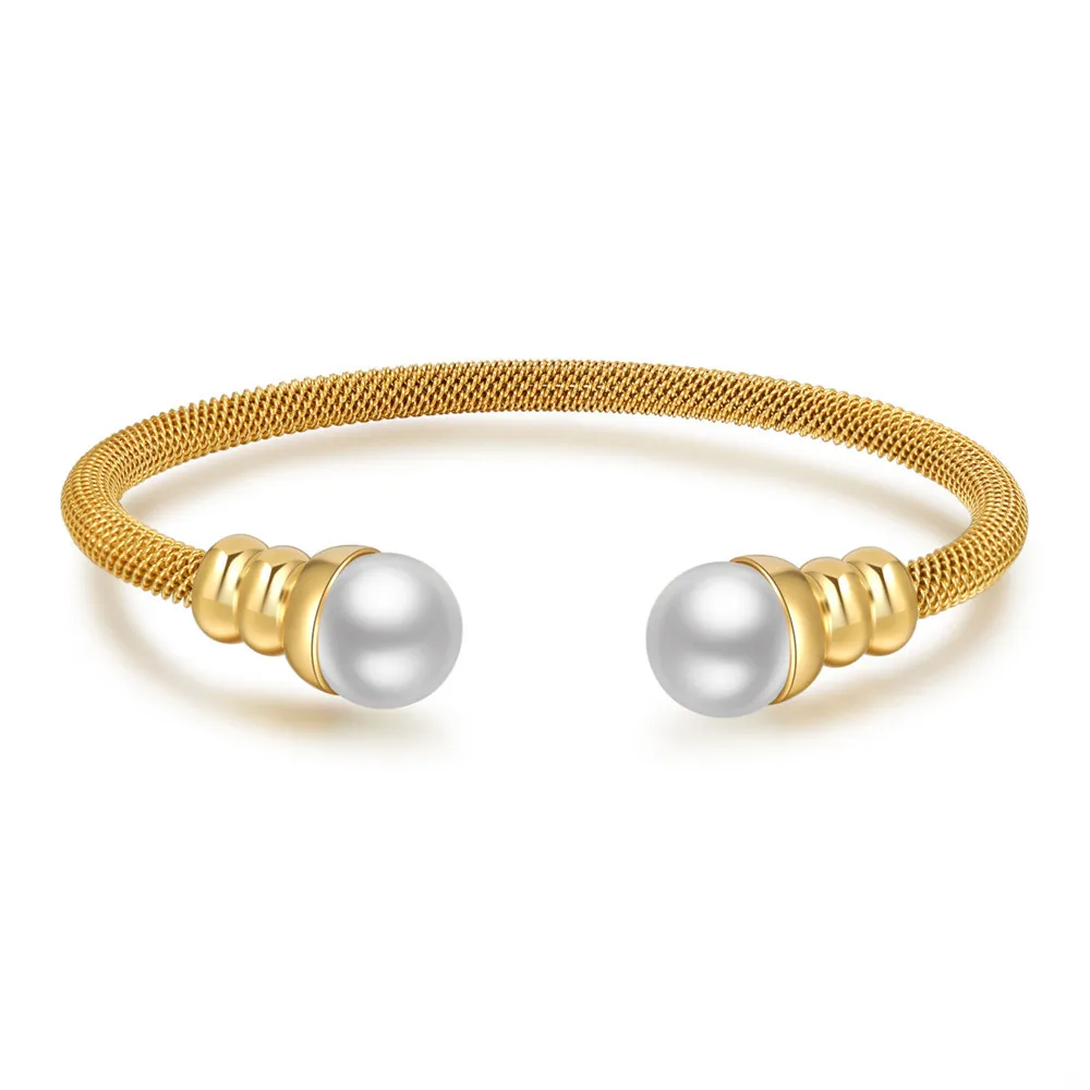 

Punk Pearls No Fade Women Gold Stainless Steel Twisted Cable Wire Natural White Pearls Korean Opening Bracelet Bangles Jewelry