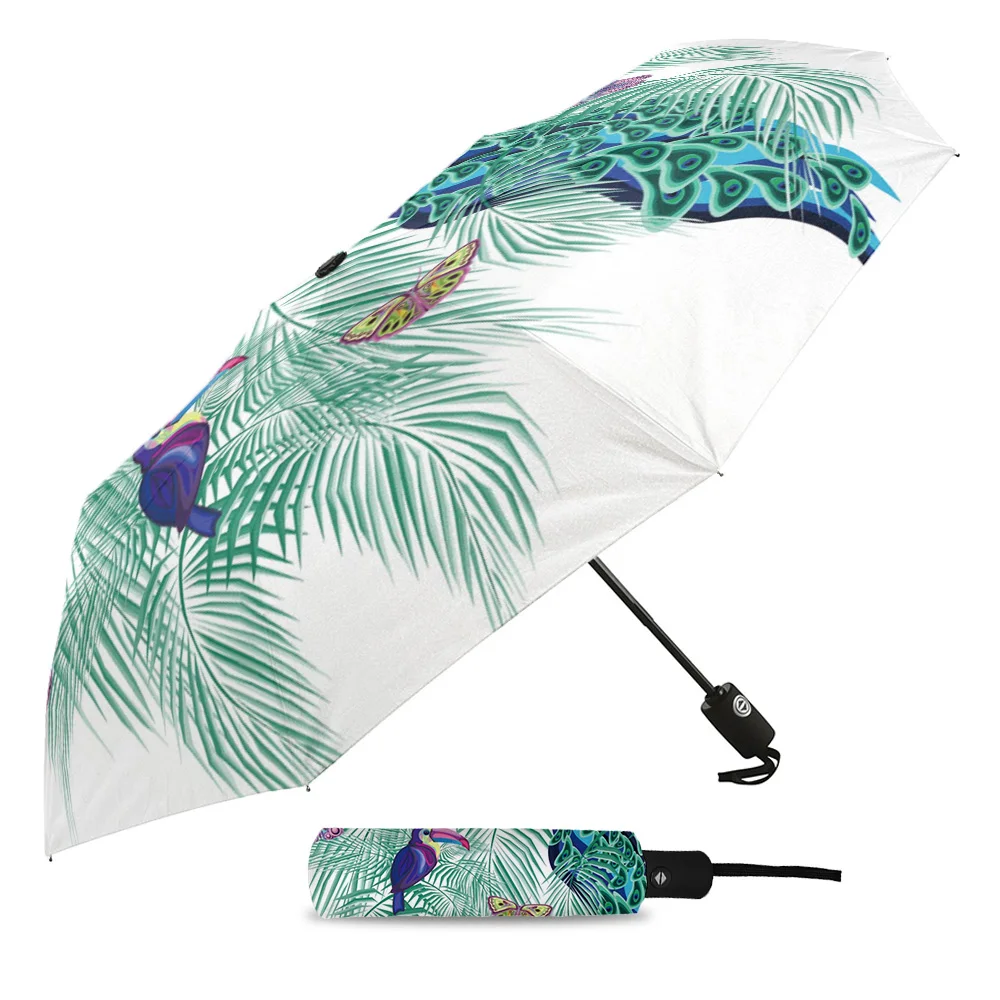 Зонт для дождя и солнца, полностью автоматический, складной, с рисунком павлиньего пера, для женщин и мужчин, с восемью спицами.
