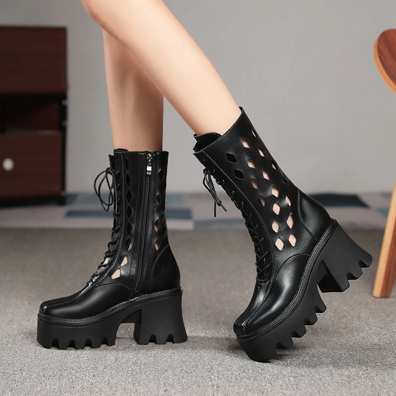 

BLXQPYT Botas De Mujer ретро сексуальная прозрачная сетчатая женская обувь на молнии на толстом высоком каблуке на платформе полуботинки