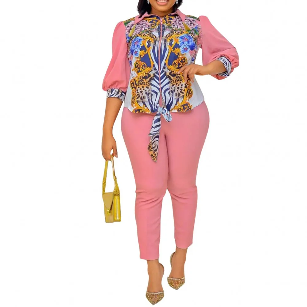 

Женский комплект из двух предметов, элегантный деловой костюм на молнии с пышными рукавами, Повседневная африканская одежда
