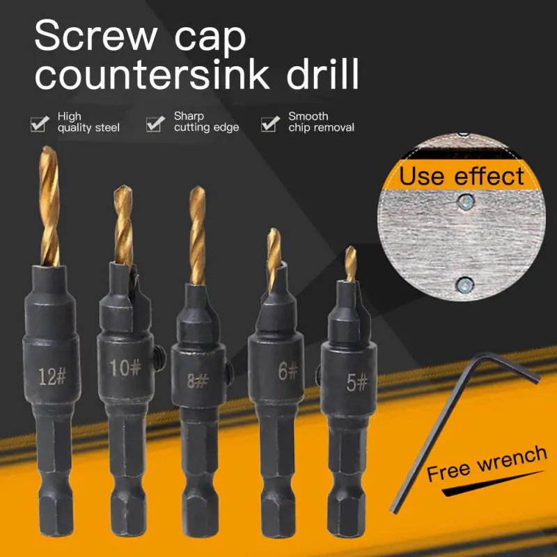 

5pcs Woodworking Hex Shank 2 Flute Tct Carbide Carpentry Drill Bits Countersink Drill Bit Set For Wood,Screw Hole Opening Bits