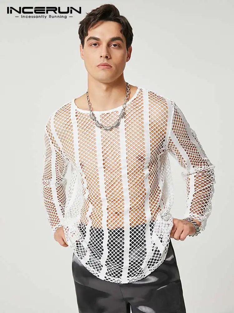 

INCERUN Casual Party Men Thin Tops Sexy See-through Breathable Camiseta Stylish Male Striped Hollow Long-sleeved T-shirts S-5XL