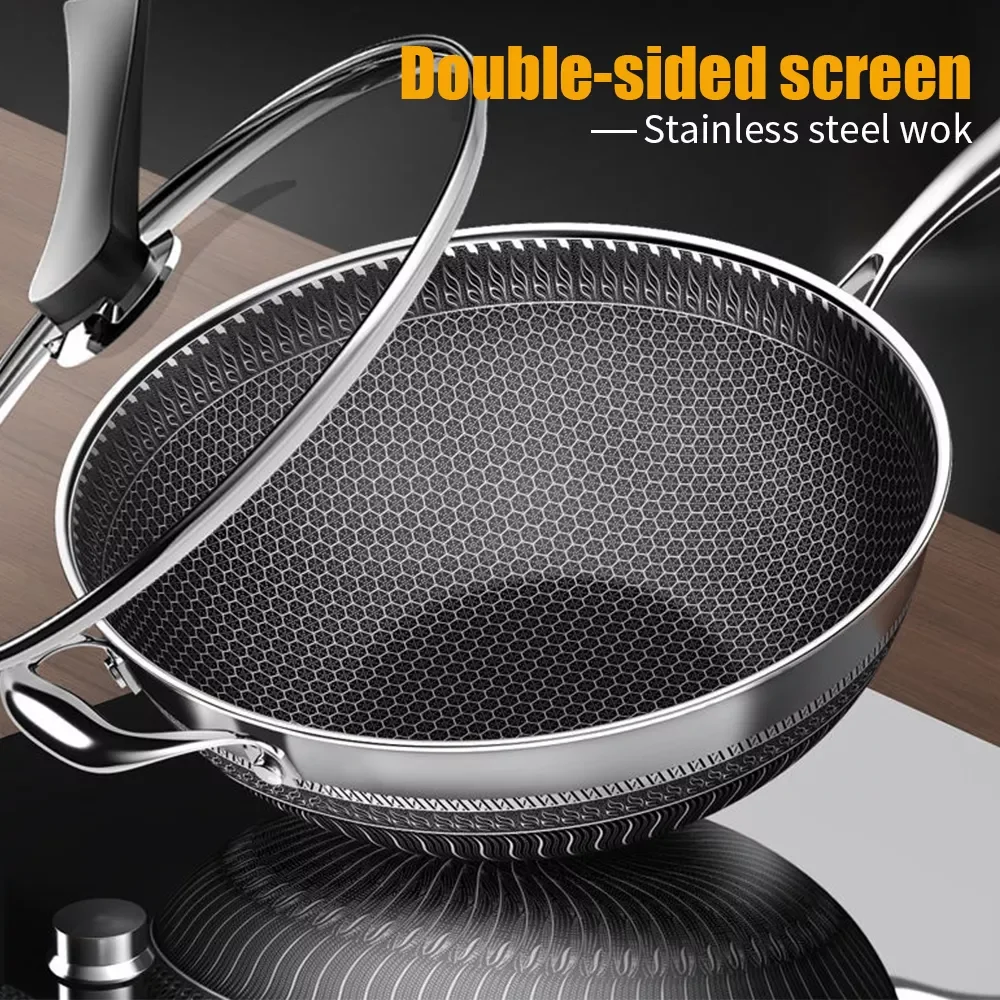 

New Non-stick Pan Double-sided Honeycomb 304 Stainless Steel Wok Without Oil Smoke Frying Pan Wok Without Phosphorus
