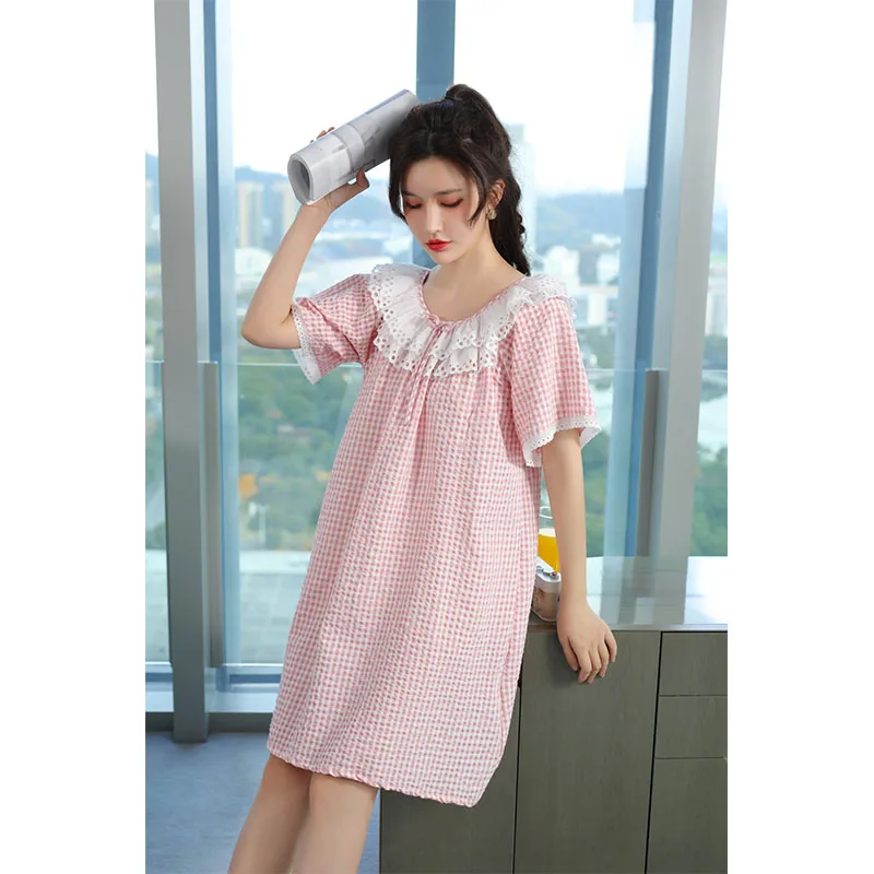 YFTNH Summer Womens Nightgown Plaid Lace Crew Neck Soft Breathable Short Sleeve Night Shirts for Ladies Sleepwear Nighties