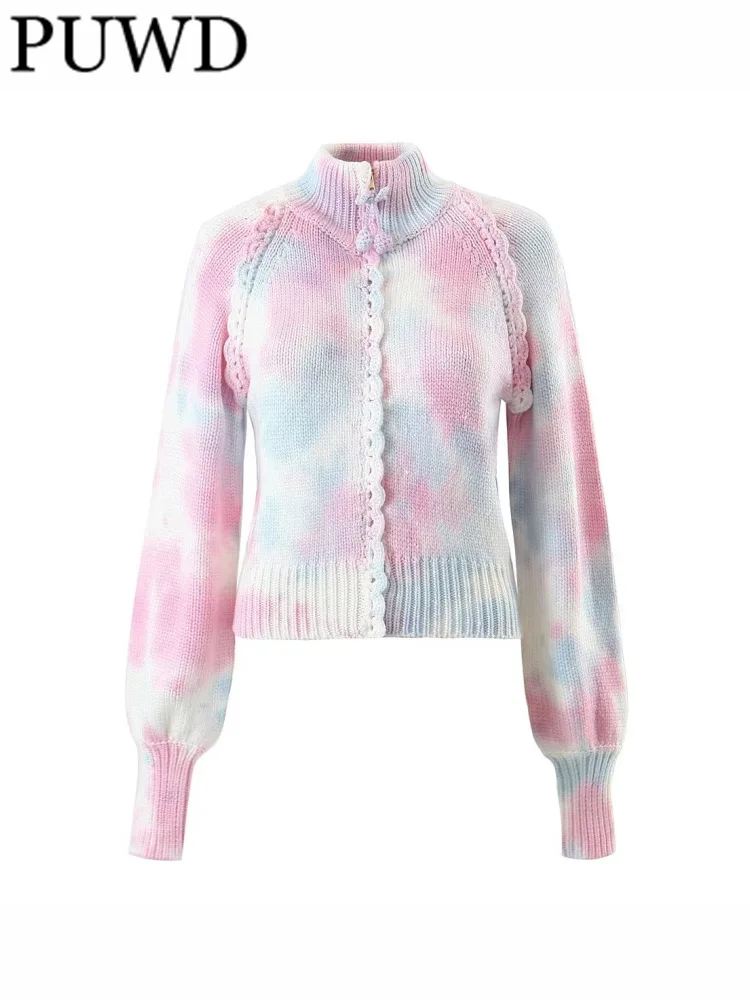 

PUWD Women Autumn Fashion Stand Collar Gradual Change Cardigan Sweater Vintage Long Sleeve Female Outwear Chic Tops