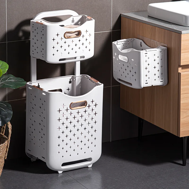 

Multifunctional Laundry Basket Storage Rack Bathroom Double-Layer Foldable Wall Hanging Laundry Basket with Wheels StorageBasket