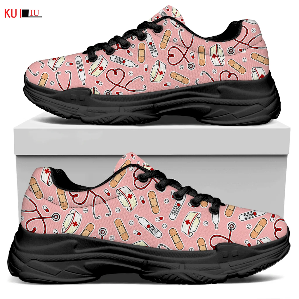 

KUILIU Pink Medical Print Women Platform Shoes Increase Comfortable Luxury Brand Casual Flat Bottom Breathable Lady Mesh Shoe