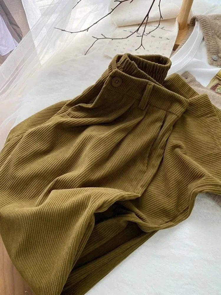 Casual Corduroy Wide Leg Pants Women Baggy High Waist New Straight Patalones Korean Basic Spodnie Spring Fall Trousers
