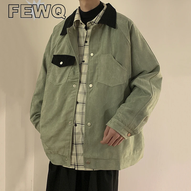 

FEWQ Suede Men's Spring Jackets Casual 2023 Safari Style New Male Turn-down Collar Fashion Spliced Coats Single Breasted 24B648