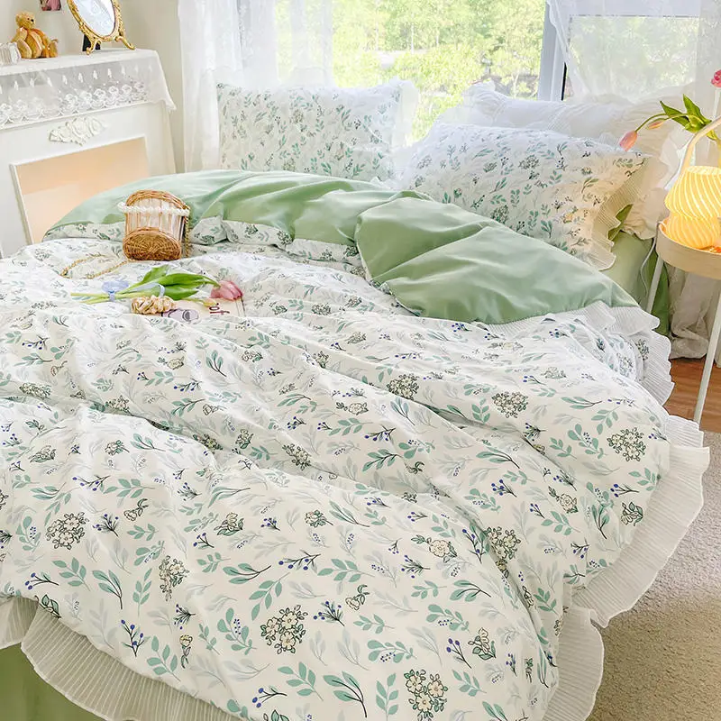 

Small Fresh Floral Washed Cotton Bedding Four-Piece Ins Princess Style Lace Bed Sheet Quilt Cover cute bed sheets