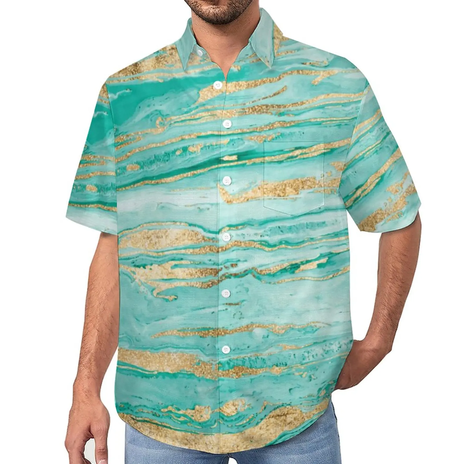 

Gold Abstract Print Casual Shirt Marbleized Paint Beach Loose Shirt Hawaii Stylish Blouses Short-Sleeve Graphic Oversize Clothes