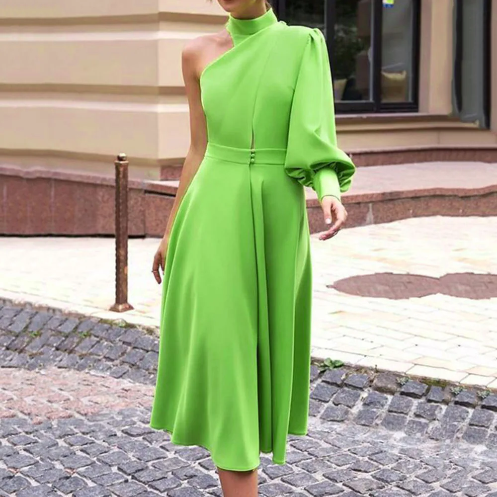

Long Dress Lantern Sleeve Women 2022 Summer Plain Green Elegant One Shoulder Turtleneck Fashion Female Midi Dinner Party Dresses
