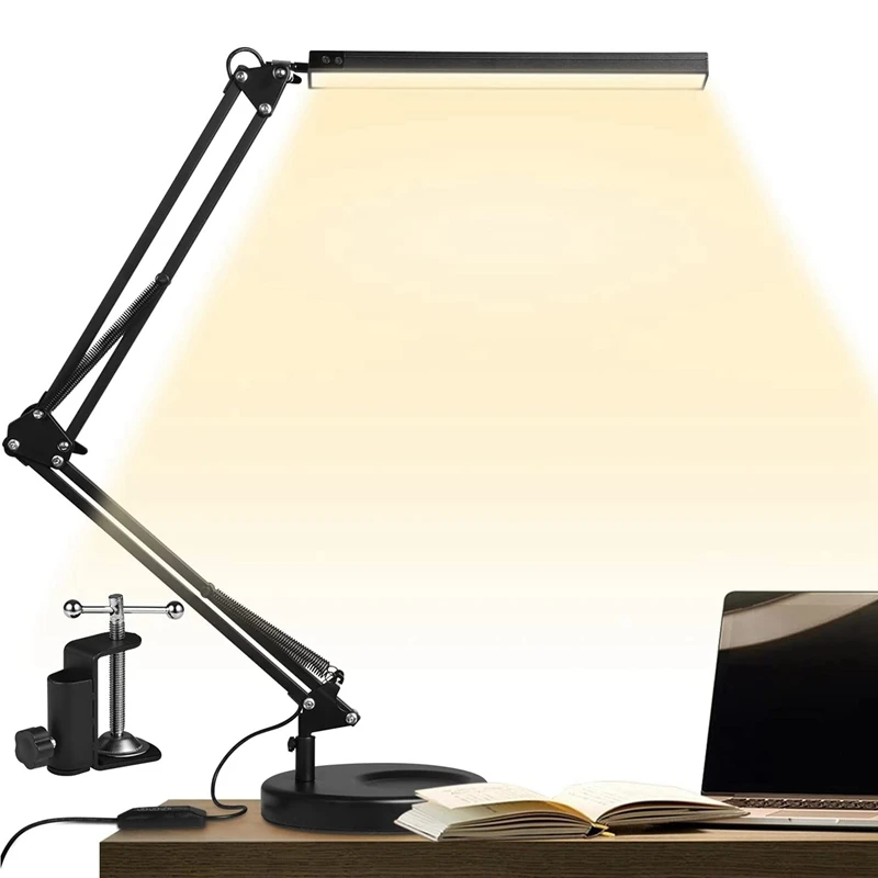 

LED Desk Lamp With Clamp And Round Base, Eye Caring Table Lamp With Swing Arm, 3 Color Modes 10 Brightness Levels