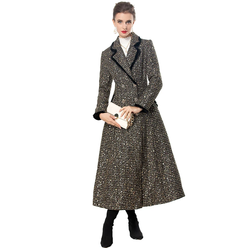 DLDENGHAN двубортное твидовое пальто в клетку с блестками для женщин отложным