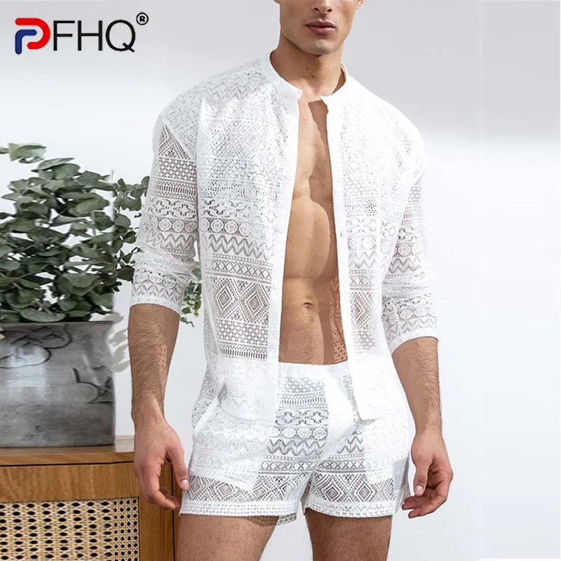 

2023 Summer New ollow Out Sexy Lace Sorts Sirt Sets Men's Fasion Suit Clotes Free Sippin Trendy Eleant Beac Ceap