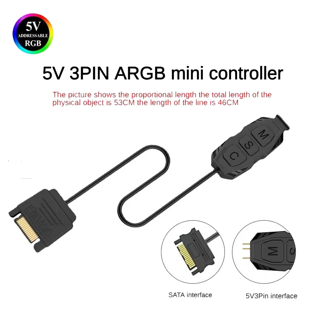 

Контроллер ARGB, стандартная совместимость, 3 контакта с SATA, источник питания, черный мини-контроллер RGB