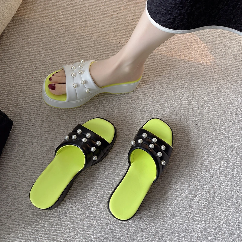 Sandalias de plataforma con perlas para mujer, zapatos planos de cuña de...