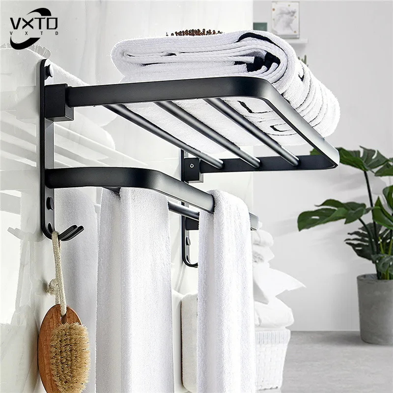

Black Space Aluminum Towel Holder Punch-Free Bathroom Accessories Folding Hook Shower Rack Organizer Hanger Wall-Mounted