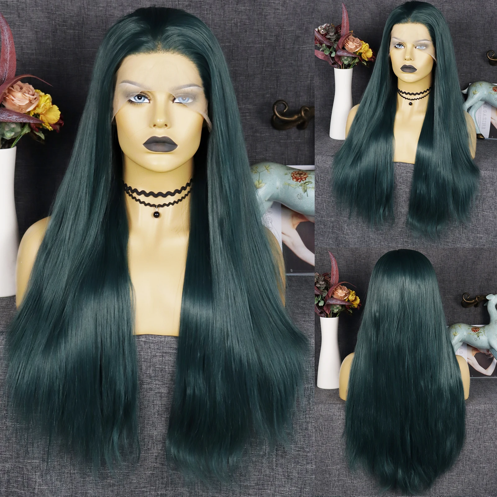 JT Synthetic 30IN 13x3 Lace Front Wigs Natural Hairline Deep Green Straight Wig For Black Women Hollywood Party Cosplay Wigs
