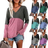 womens tops t shirts contrast color block stitching v neck long sleeved loose pullover tee autumn winter new fashion female