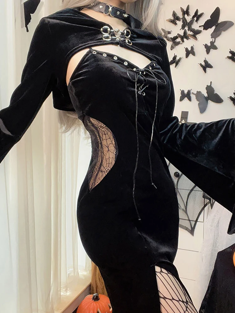 Готическое элегантное женское платье с высоким разрезом Goth Dark кружевное средней
