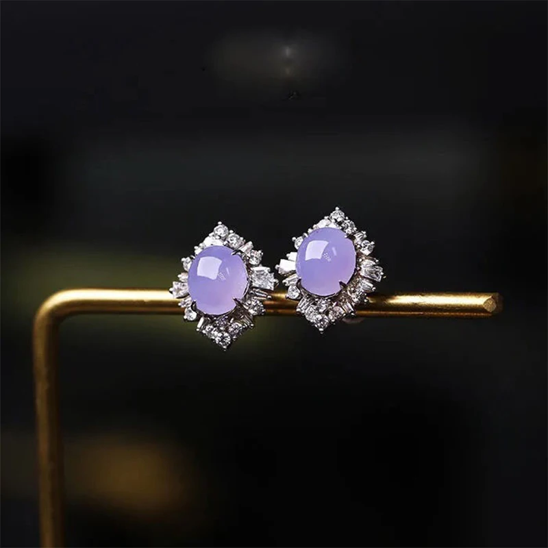 

New silver inlaid natural Hetian purple chalcedony earrings for women light luxury retro charm wedding engagement jewelry