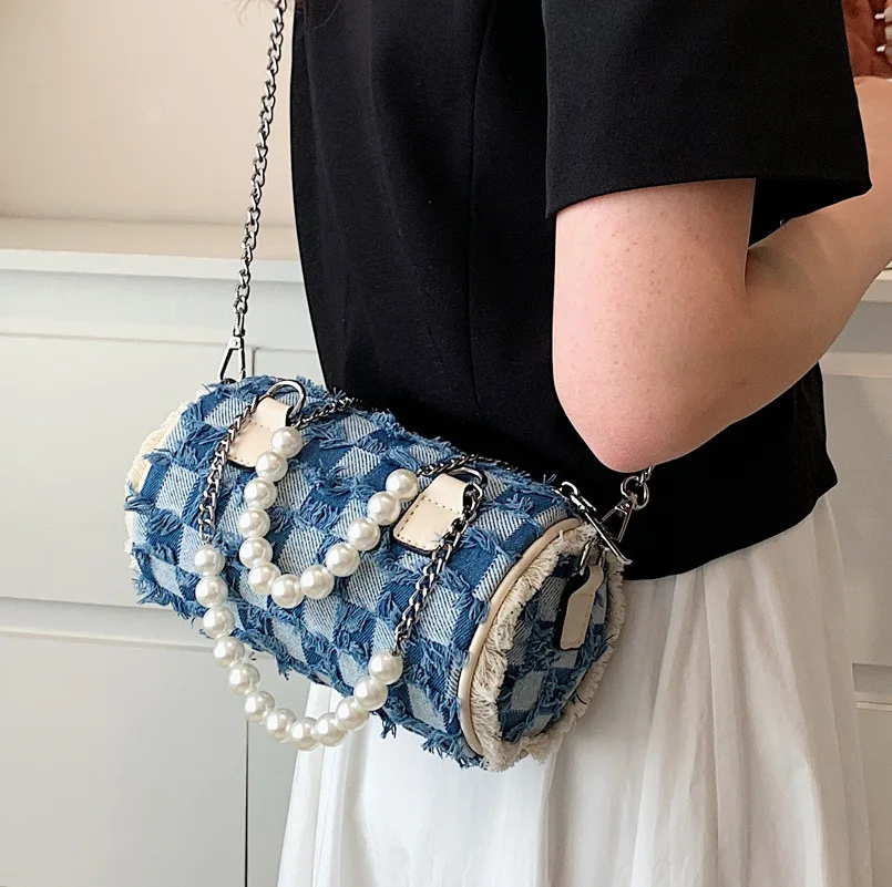 

Small Bag Women's Summer 2022 New Demin Pearl Chain Messenger Bag Purses and Handbags Luxury Designer Pearl Crossbody Bag
