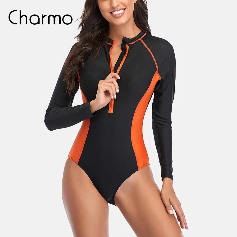 

Женский слитный купальник Charmo, костюм для серфинга с защитой от солнца, сращивающийся цельный гидрокостюм на молнии с длинным рукавом, одежда для серфинга