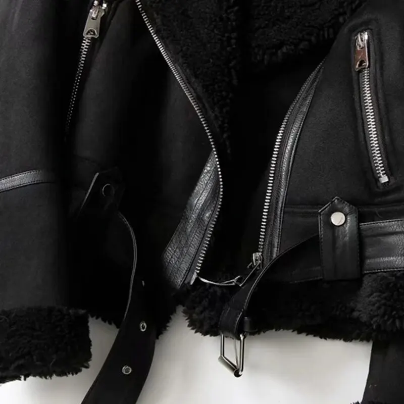

2021 Winter Women's Jacket Lamb Wool Thickened Locomotive Lapel Female Coat Fur Long Sleeved Loose Belt Warm latestAUSO