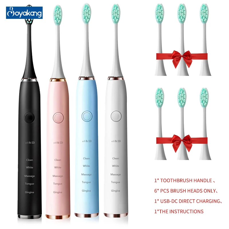 

Звуковая электрическая зубная щетка Boyakang, 5 режимов очистки, IPX7, водонепроницаемая, умное время, щетинка Dupont, зарядное устройство USB для взро...