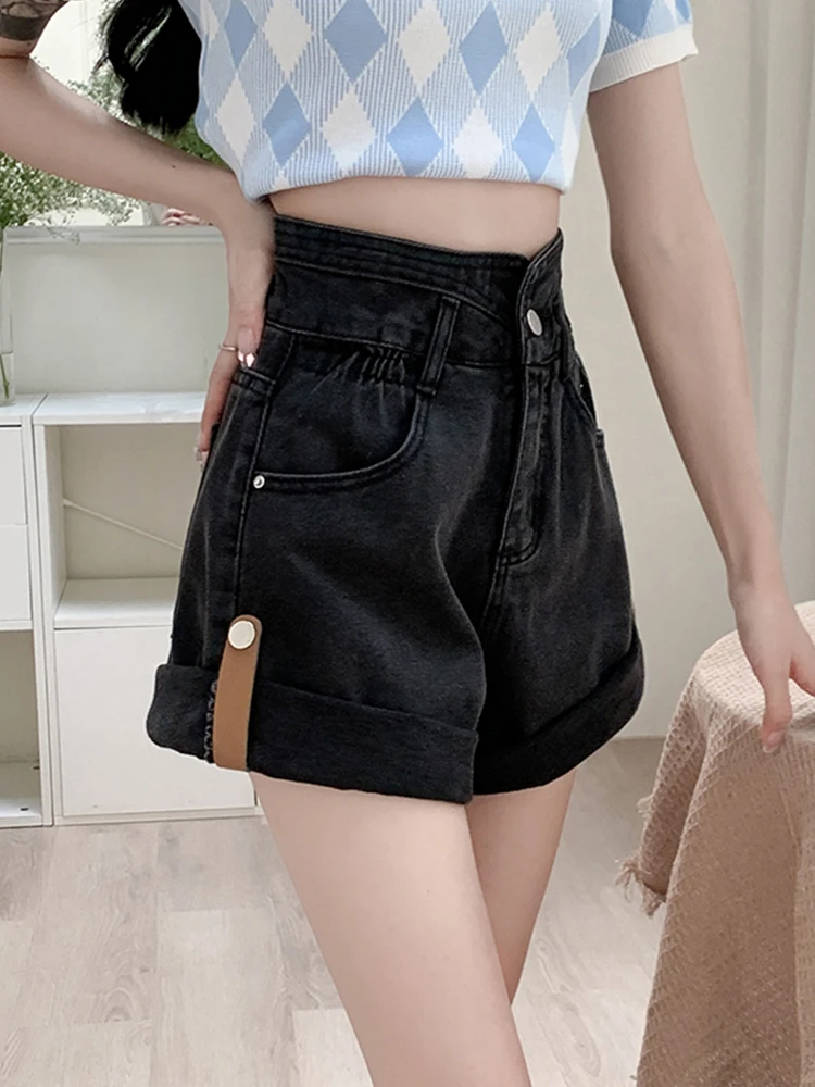 New Spring Summer Women Retro Elastic Waist Loose Blue Denim Shorts Casual Female Wide Leg Jeans Shorts Ladies Bottoms