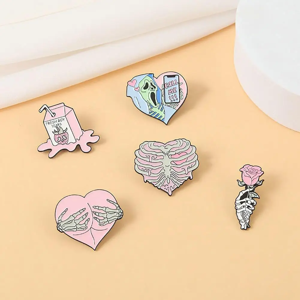 

Cartoon Pink Brooch DIY Enamel Personality Multi-styles Solid Gift Alloy Skeleton Hand Heart Rose Lapel Pin Fashion Jewelry