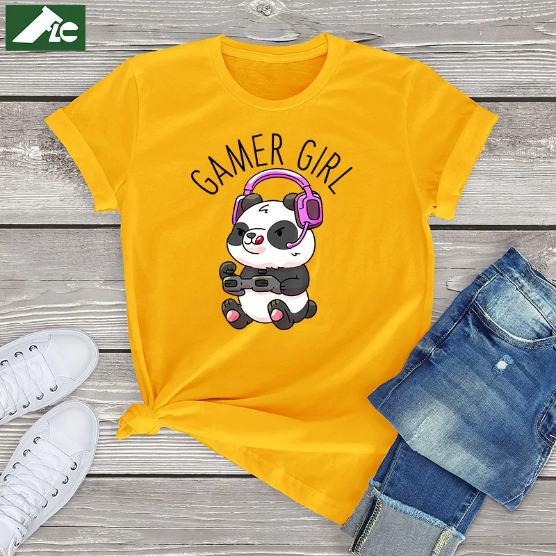 

100% Cotton Gamer Girl Panda Gaming Graphic Tee Tops Pandas Video Game Funny T-Shirt Oversized Female T Shirt Unisex Streetwear