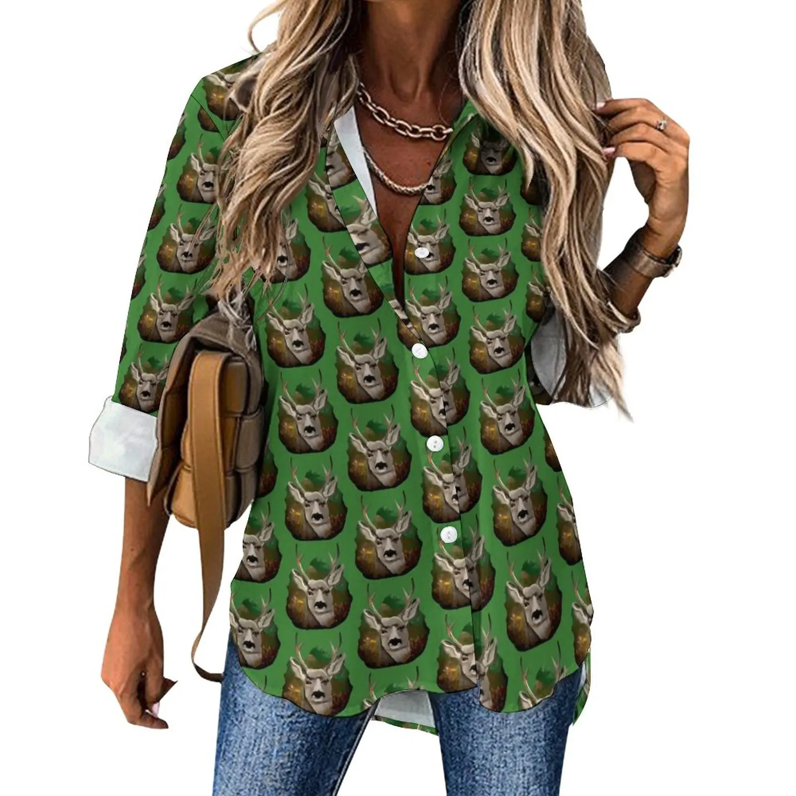 

Deer Print Loose Blouse Forest Life Casual Oversized Blouses Women Long-Sleeve Vintage Shirt Spring Custom Top
