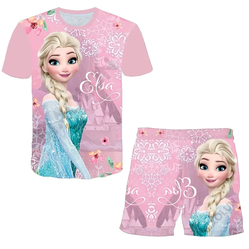 

Disney Frozen Elsa Anna Ice Snow Magic 2Pcs Clothing Girls Beautiful Princess Sets Summer Short Sleeve Children Fashion 3D Suit