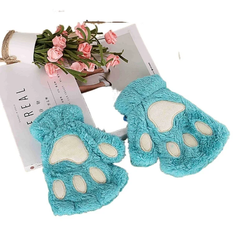 

New Women Cute Cat Claw Paw Plush Mittens Warm Soft Plush Short Fingerless Fluffy Bear Cat Gloves Costume Half Finger Party Gift