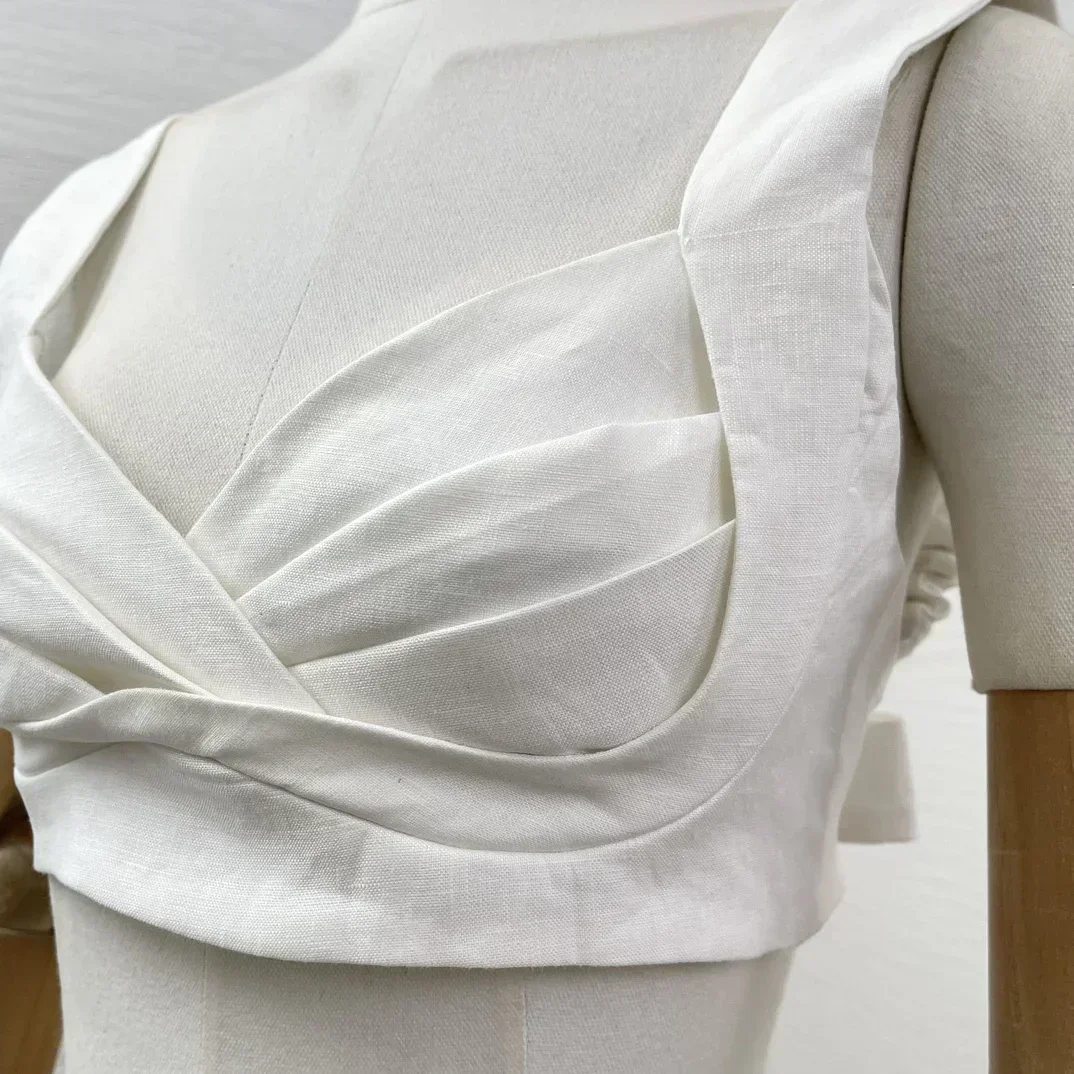 Льняной 2024 женская элегантная универсальная одежда белый жилет без рукавов с