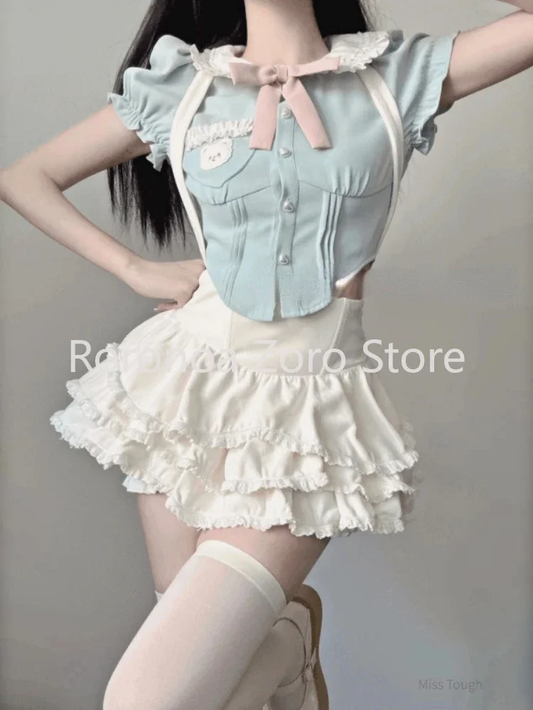 

Summer Bow Sweet Two Piece Set Women Kawaii Party Mini Skirt Set Female Korean Fashion Designer Top+Princess Skirt Suit 2023 New