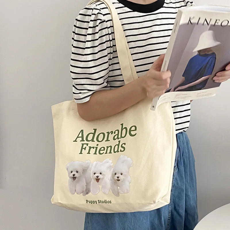 

Hylhexyr Cute Dog Print Handbag Cotton Canvas Shoulder Bag Female Student Shopping Tote Bags