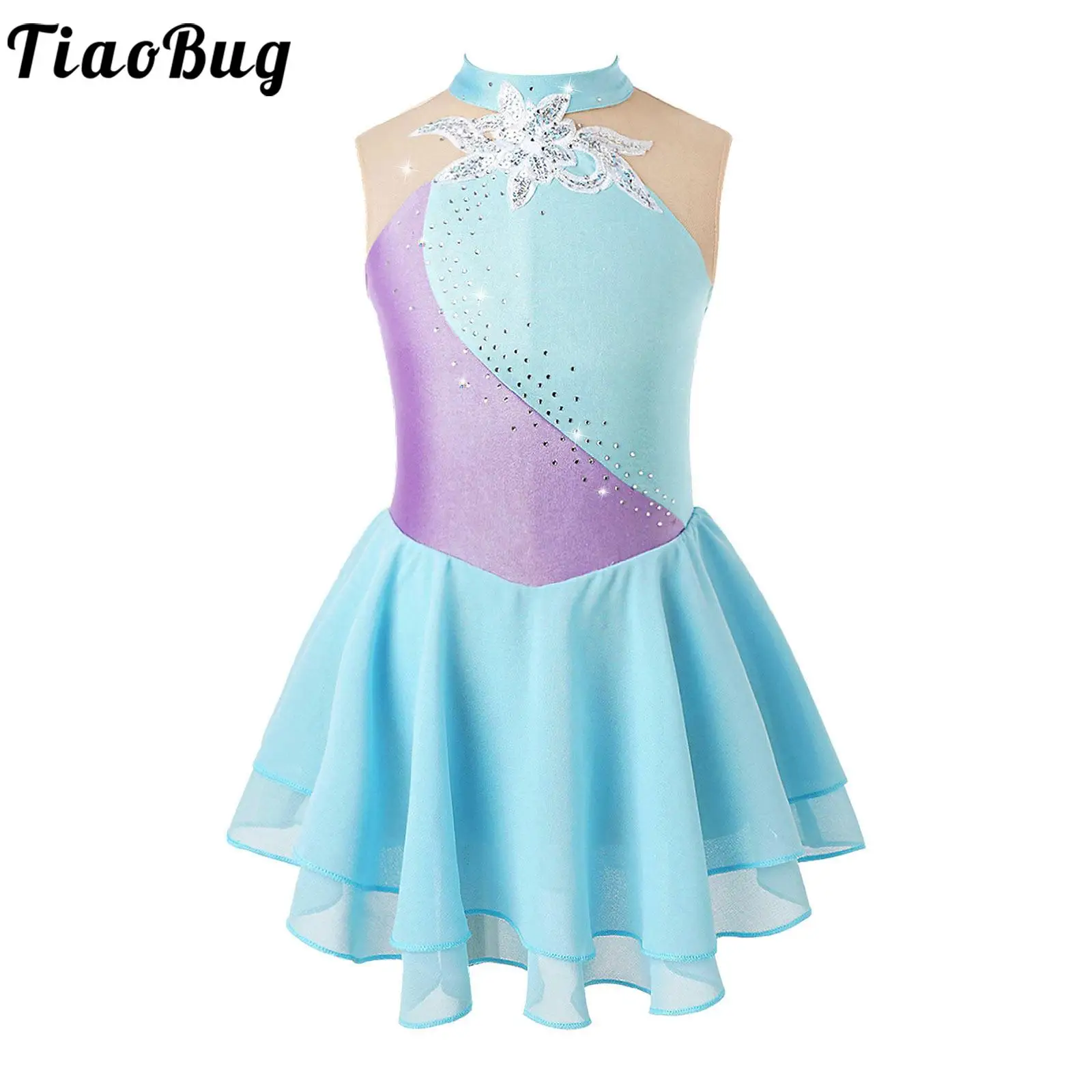 

Kids Girls Ballet Skating Tutu Skirted Leotard Sleeveless Round Neck Mesh Patchwork Rhinestone Sequins Dress for Modern Dance