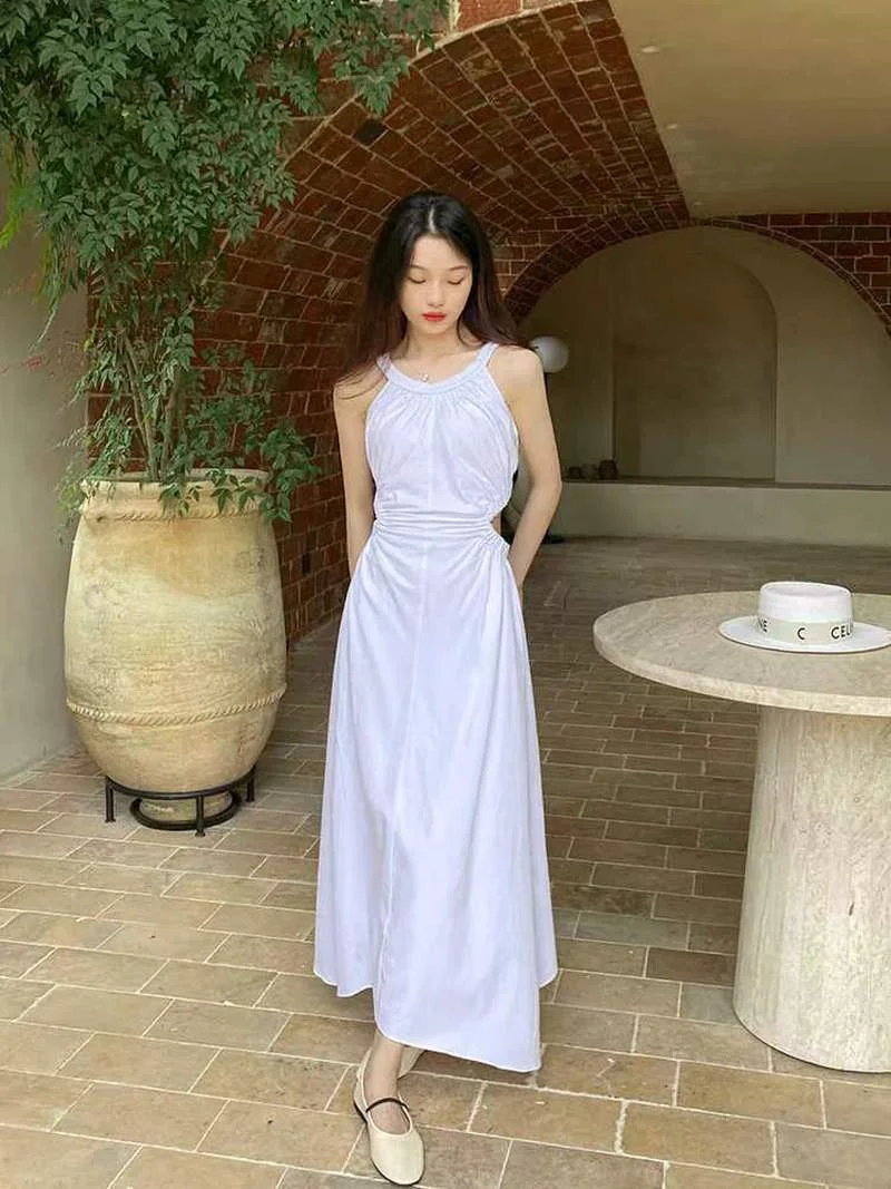 Little fairy design temperament temperament show waist pleated dress female white long high waist slim body show back skirt