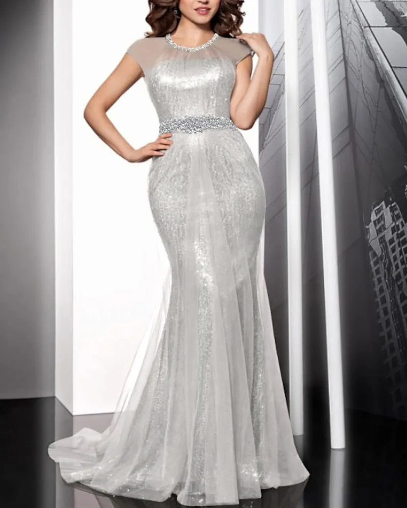 

Luxury Silver Mermaid Engagement Evening Dresses Jewel Beading Sequin Tulle Prom Formal Gowns Arabic Dubai Robe De Soiree