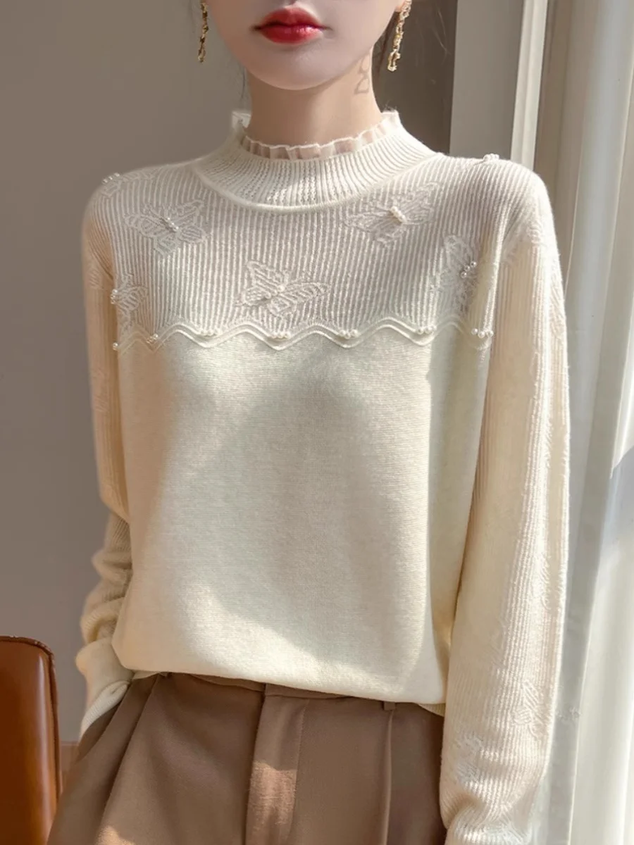 Gray Wear Organza Patchwork Wooden Ear Collar Knit Sweater Women Winter Three-Dimensional Crochet Bottoming Shirt Inner wear |